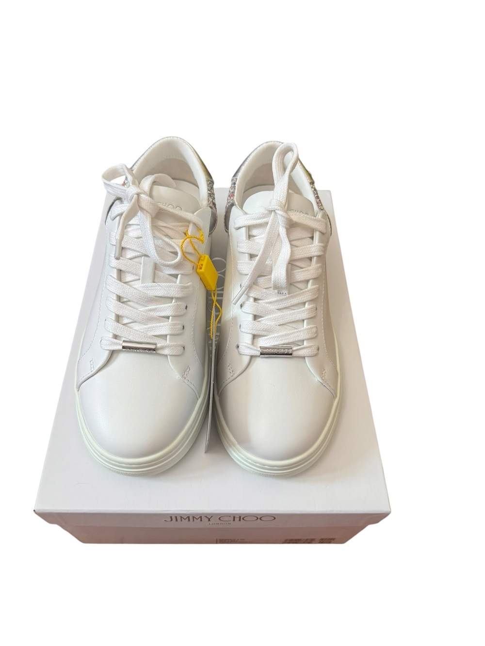Jimmy Choo White Leather Low-Top Sneakers with Multicolor Glitter Heel - Picture 4 of 10